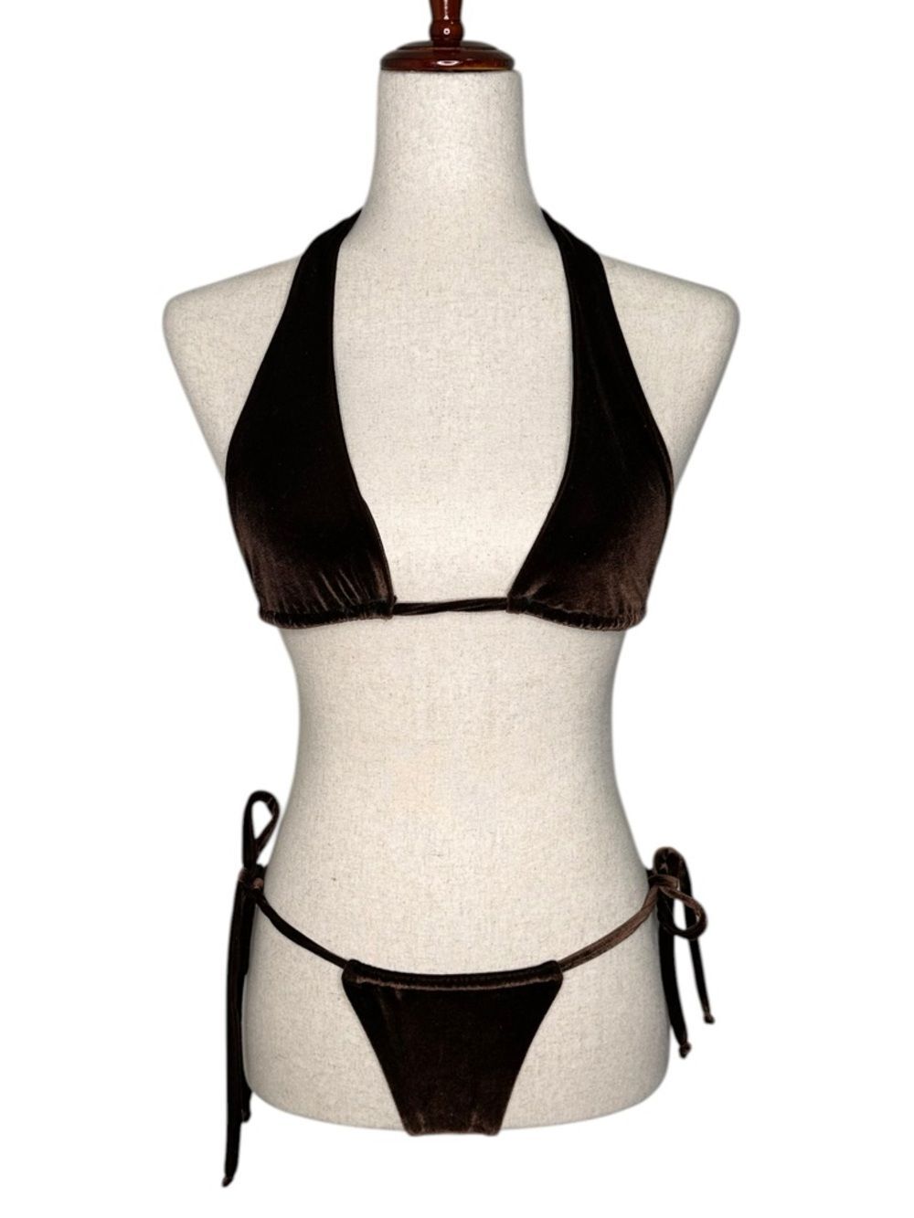 Velvet Chocolate Brown Halter Tie-Side Bikini set. Thong strappy Brazilian small